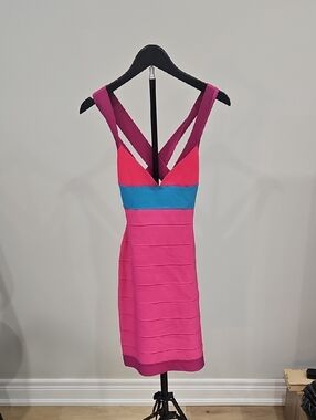 Herve Leger Pink & Teal Crossback Bandage Mini Dress
